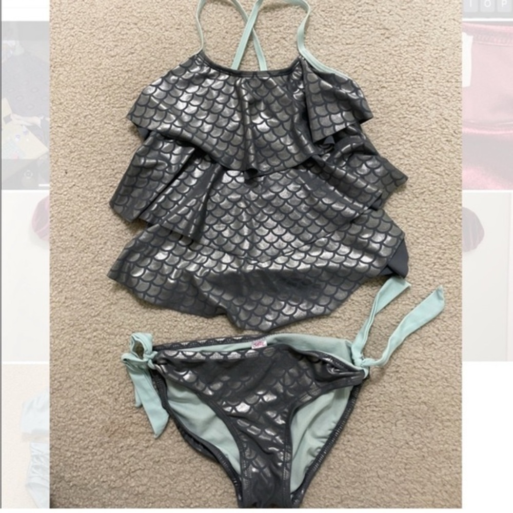 Silver and Mint Ruffled Swimsuit Set - Picture 1 of 1